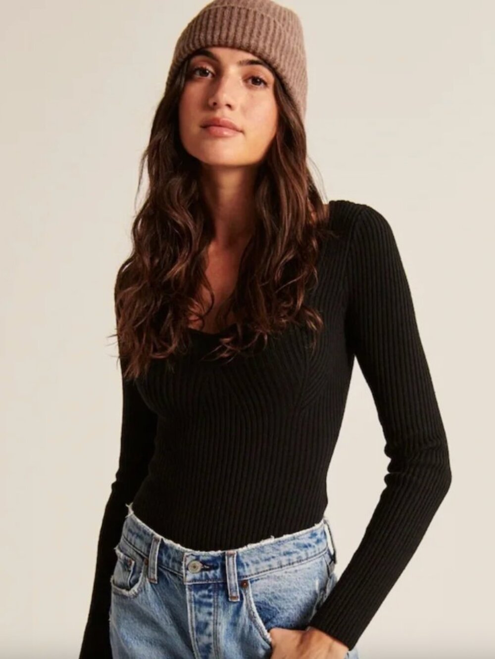 Abercrombie & Fitch Ribbed Bodysuit Knit Sweetheart Longsleeve